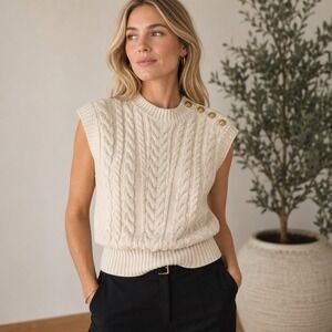 LOFT Cream Cable Knit Fisherman Sweater Vest Gold Button Mock Neck Size XL